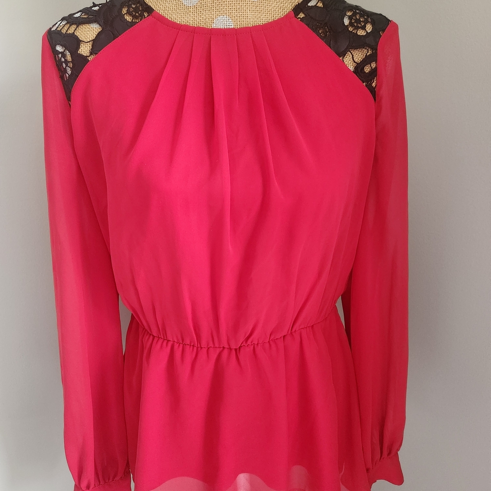 Bisou Bisou Fuchsia Blouse with Black Lace Accents